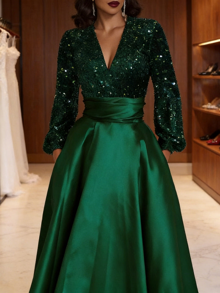 A-Line/Princess V-Neck Satin Mother of the Bride Dresses Sequins Pocket Long Sleeves Floor-Length