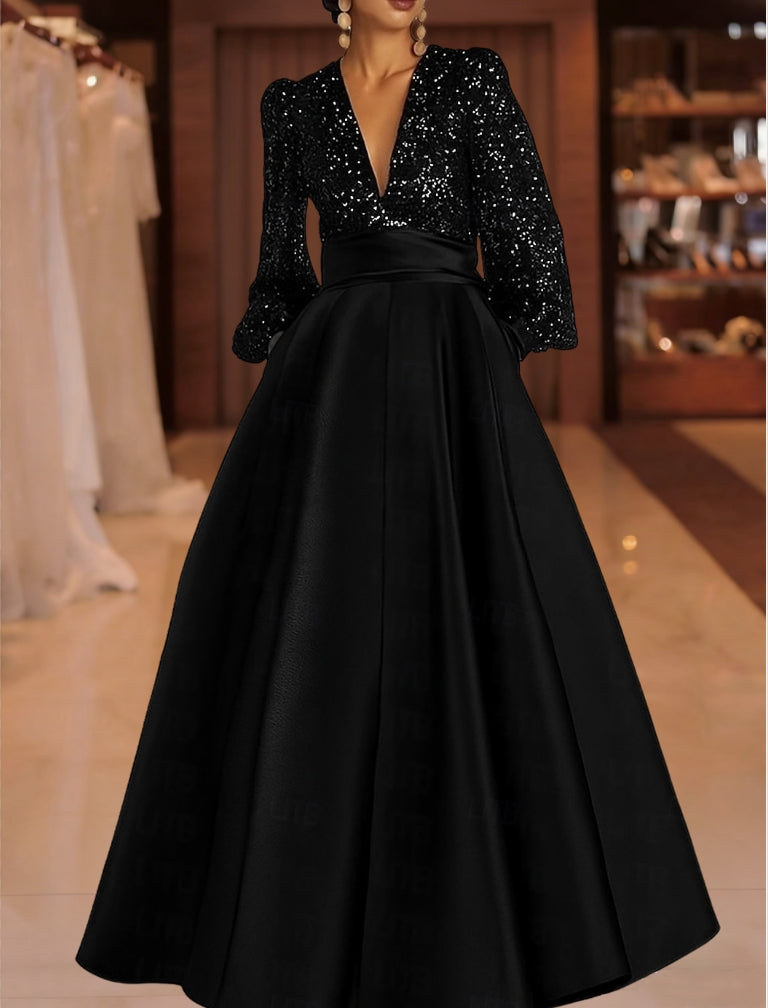 A-Line/Princess V-Neck Satin Mother of the Bride Dresses Sequins Pocket Long Sleeves Floor-Length