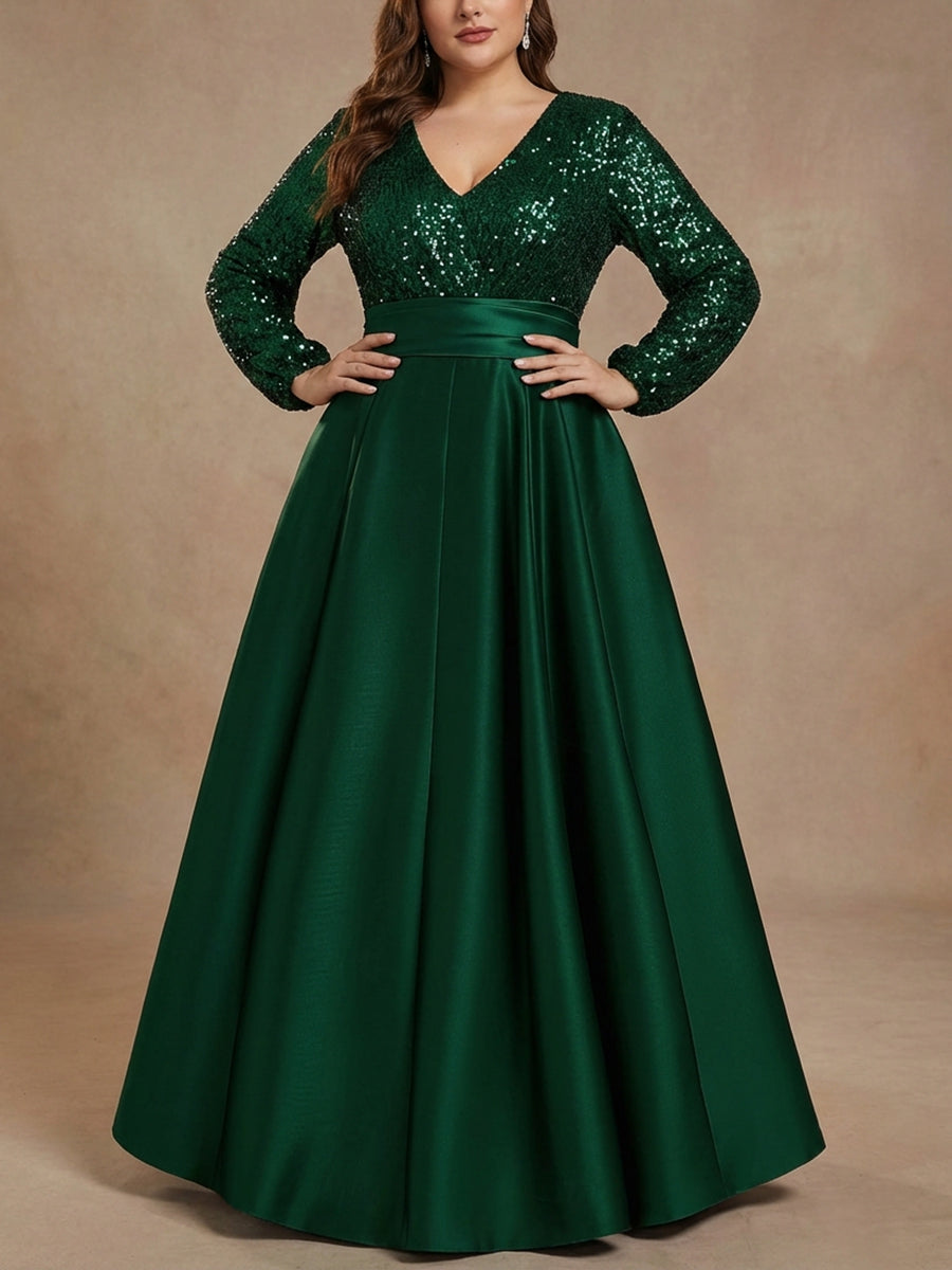 A-Line/Princess V-Neck Satin Plus Size Mother of the Bride Dresses Sequins Pocket Long Sleeves Floor-Length