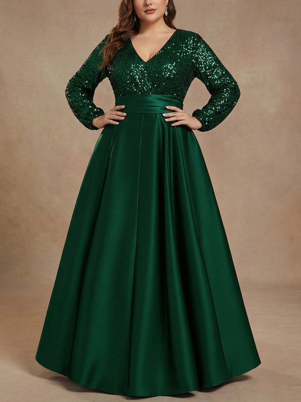 A-Line/Princess V-Neck Satin Plus Size Mother of the Bride Dresses Sequins Pocket Long Sleeves Floor-Length