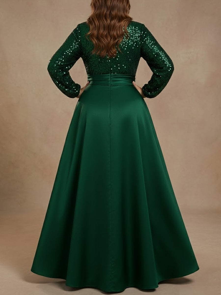 A-Line/Princess V-Neck Satin Plus Size Mother of the Bride Dresses Sequins Pocket Long Sleeves Floor-Length