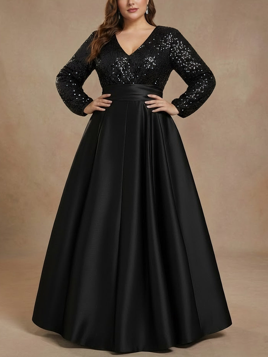A-Line/Princess V-Neck Satin Plus Size Mother of the Bride Dresses Sequins Pocket Long Sleeves Floor-Length