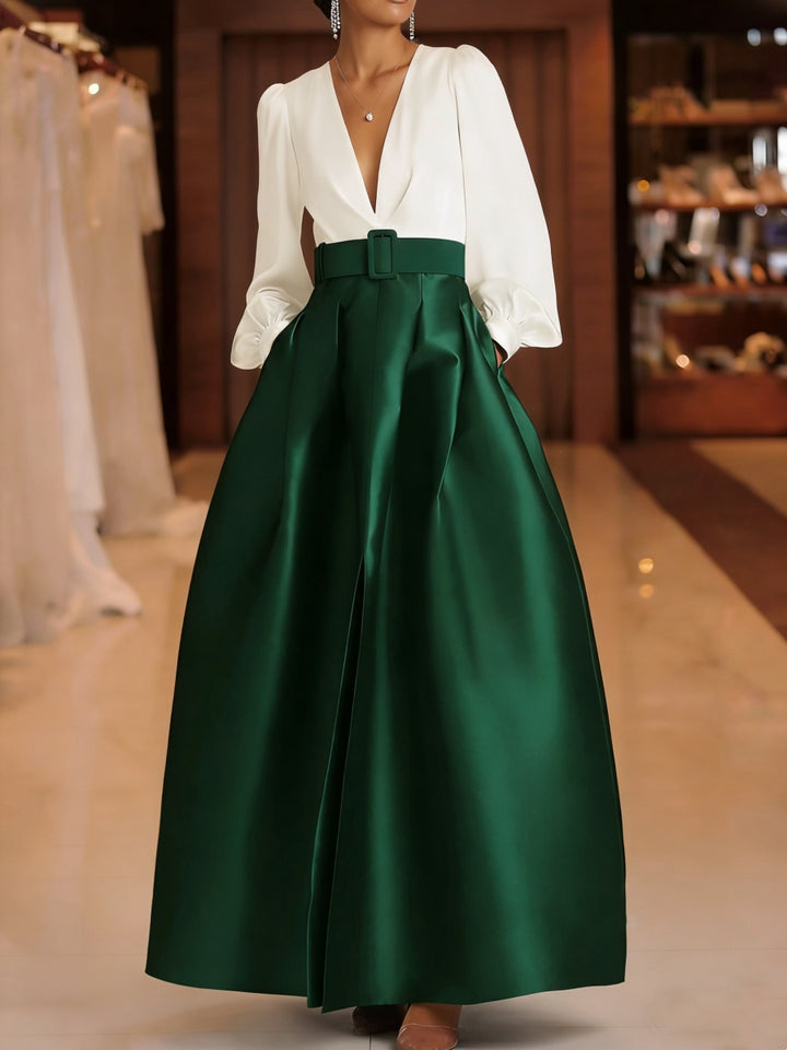 A-Line/Princess V-Neck Satin Mother of the Bride Dresses Long Sleeves Floor-Length with Belt