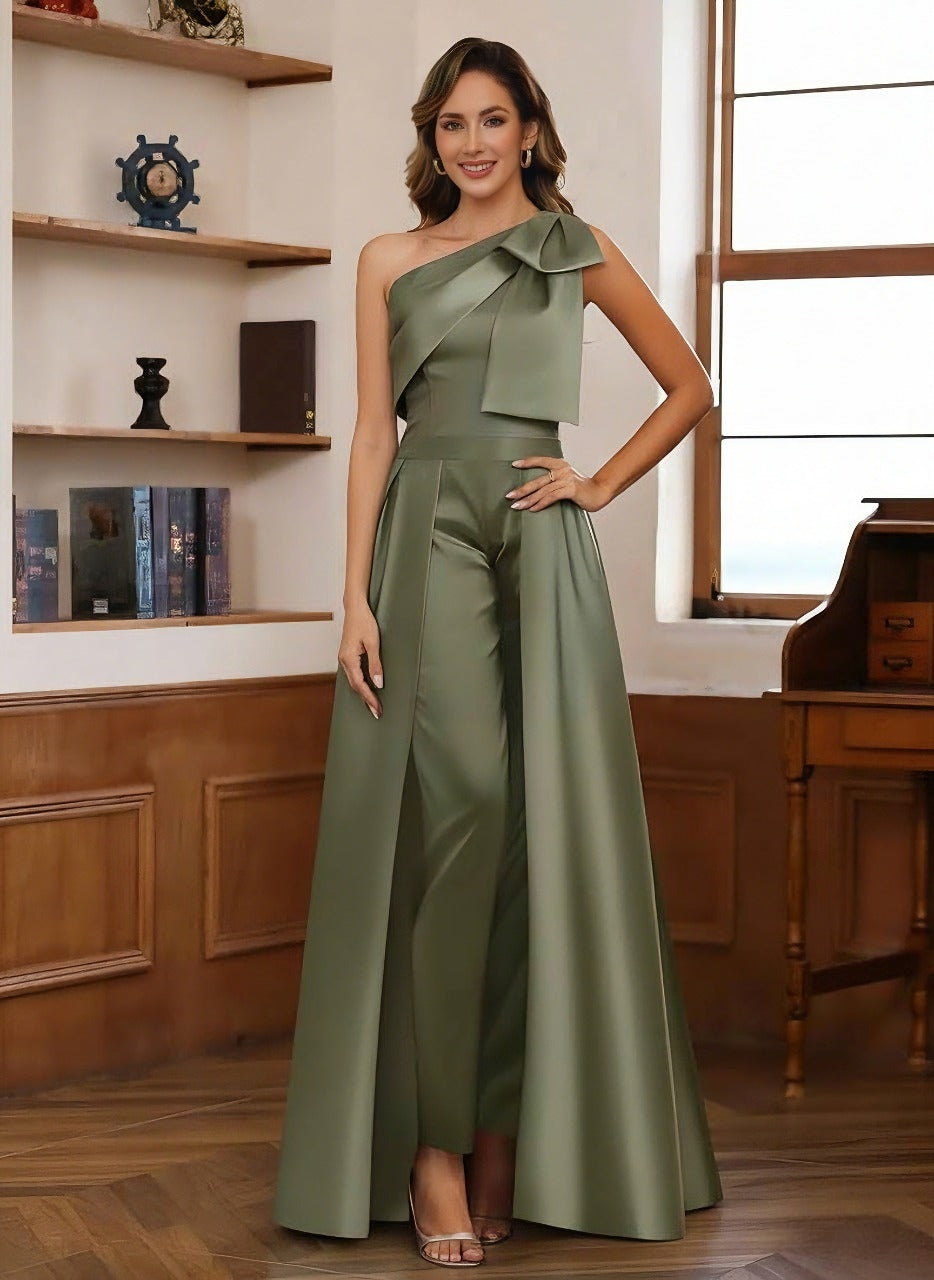 Jumpsuit/Pantsuit One-Shoulder Satin Mother Of The Bride Dresses with Detachable Overskirt Floor-Length Sleeveless Bow