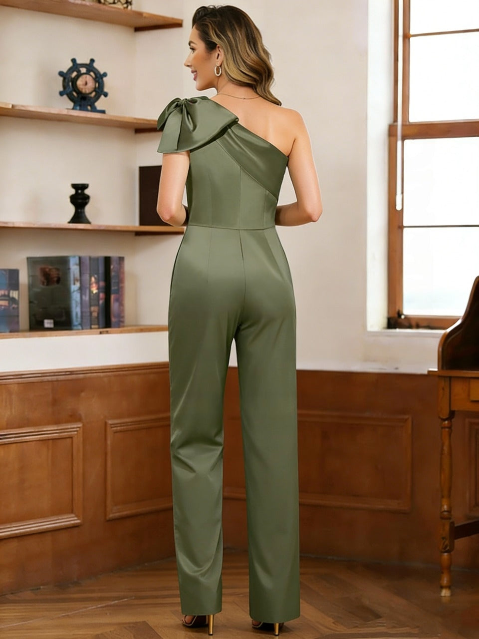 Jumpsuit/Pantsuit One-Shoulder Satin Mother Of The Bride Dresses with Detachable Overskirt Floor-Length Sleeveless Bow