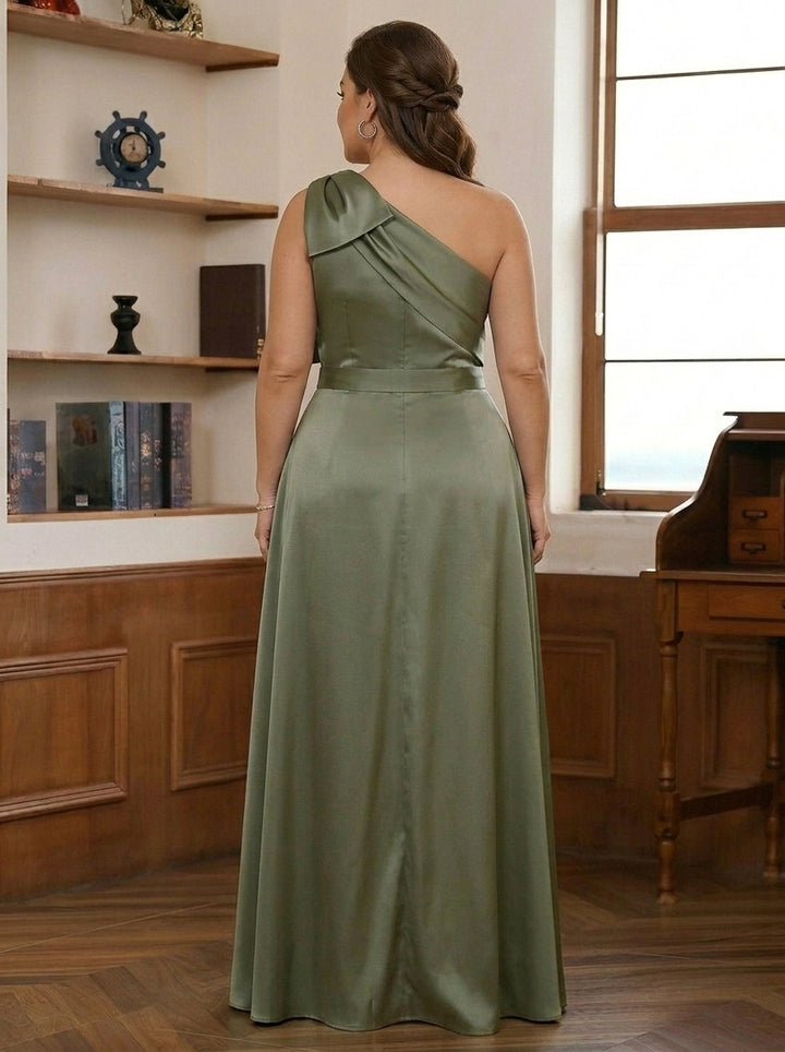 Jumpsuit/Pantsuit One-Shoulder Satin Plus Size Mother Of The Bride Dresses with Detachable Overskirt Floor-Length Sleeveless Bow