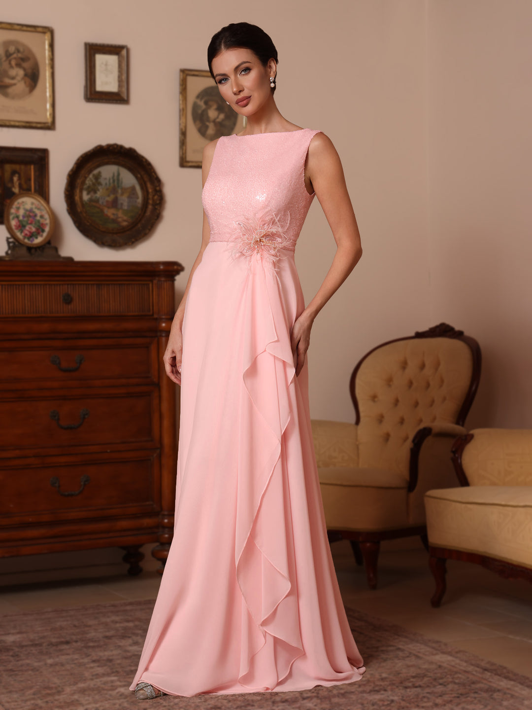 A-Line/Princess Cowl Neck Chiffon Mother of the Bride Dresses Sequins Floor-Length Sleeveless Ruffles