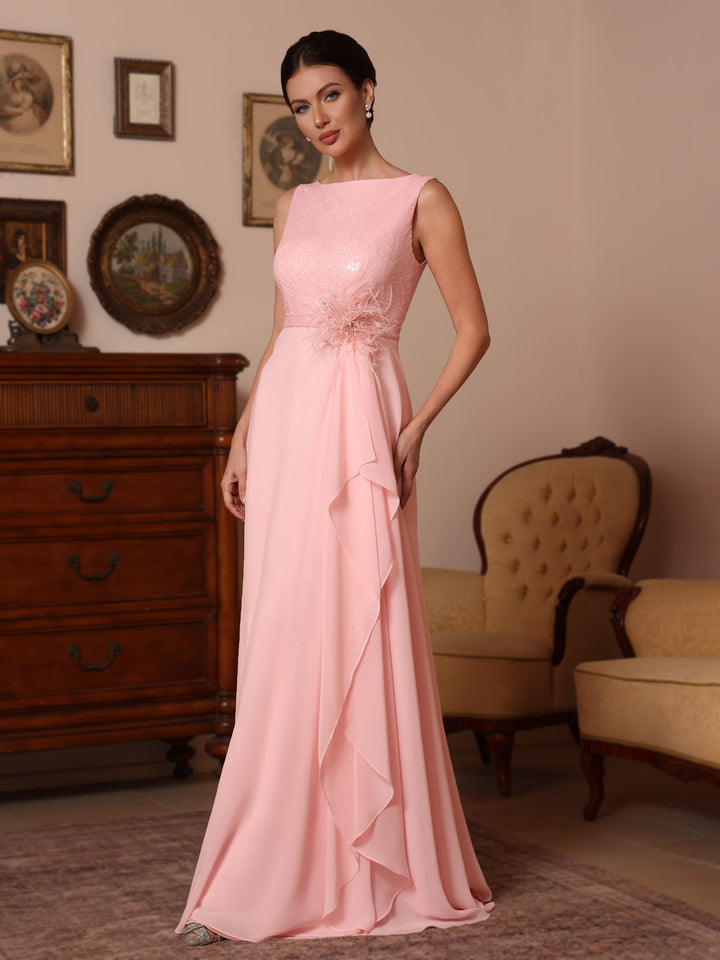 A-Line/Princess Cowl Neck Chiffon Mother of the Bride Dresses Sequins Floor-Length Sleeveless Ruffles