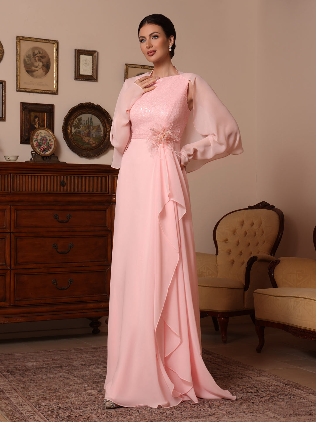 A-Line/Princess Cowl Neck Chiffon Mother of the Bride Dresses Sequins Floor-Length Sleeveless Ruffles