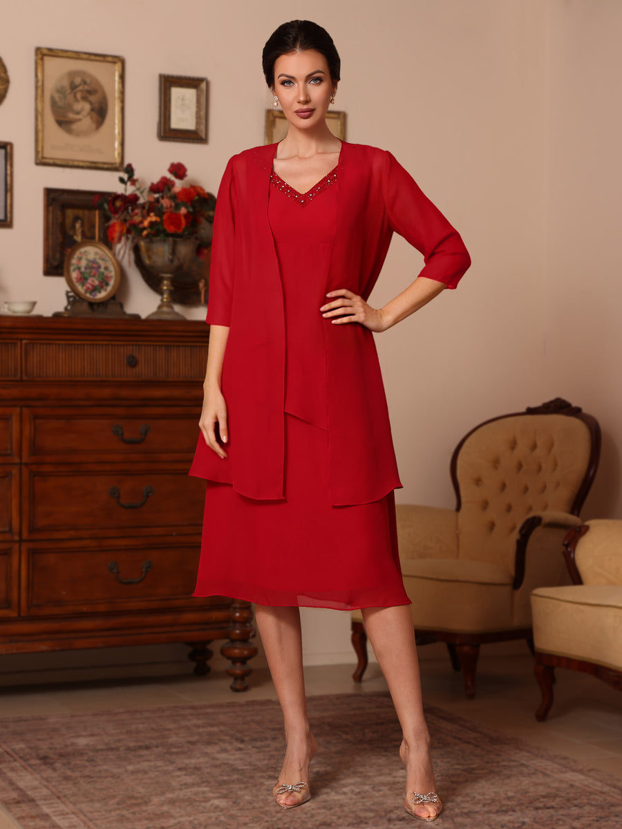 2 Pieces Sheath/Column V-Neck Chiffon Mother of the Bride Dresses with Jacket Beading Knee-Length Half Sleeves Plum 2 Pieces Sheath/Column V-Neck Chiffon Mother of the Bride Dresses with Jacket Beading Knee-Length Half Sleeves Plum