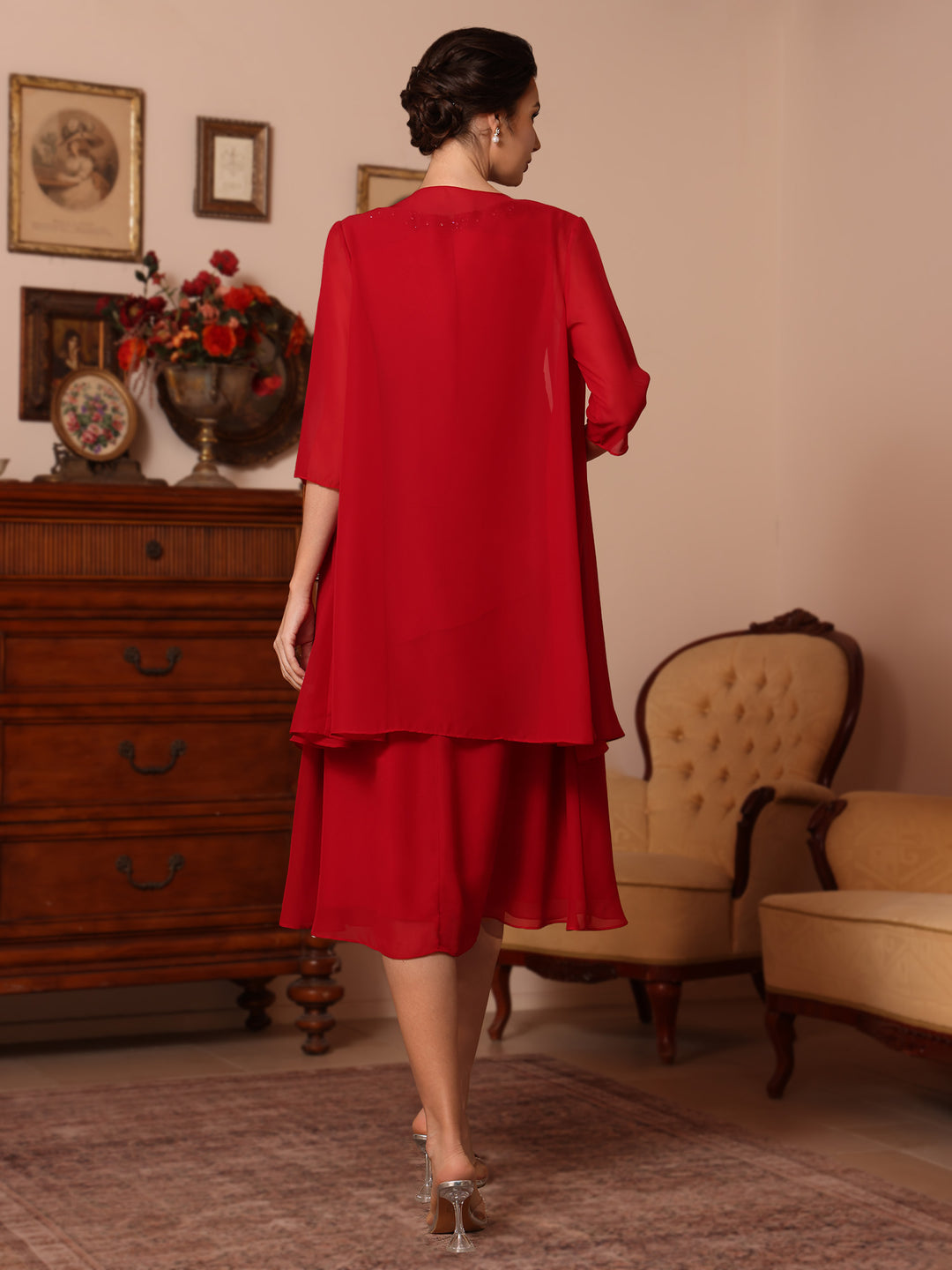 2 Pieces Sheath/Column V-Neck Chiffon Mother of the Bride Dresses with Jacket Beading Knee-Length Half Sleeves