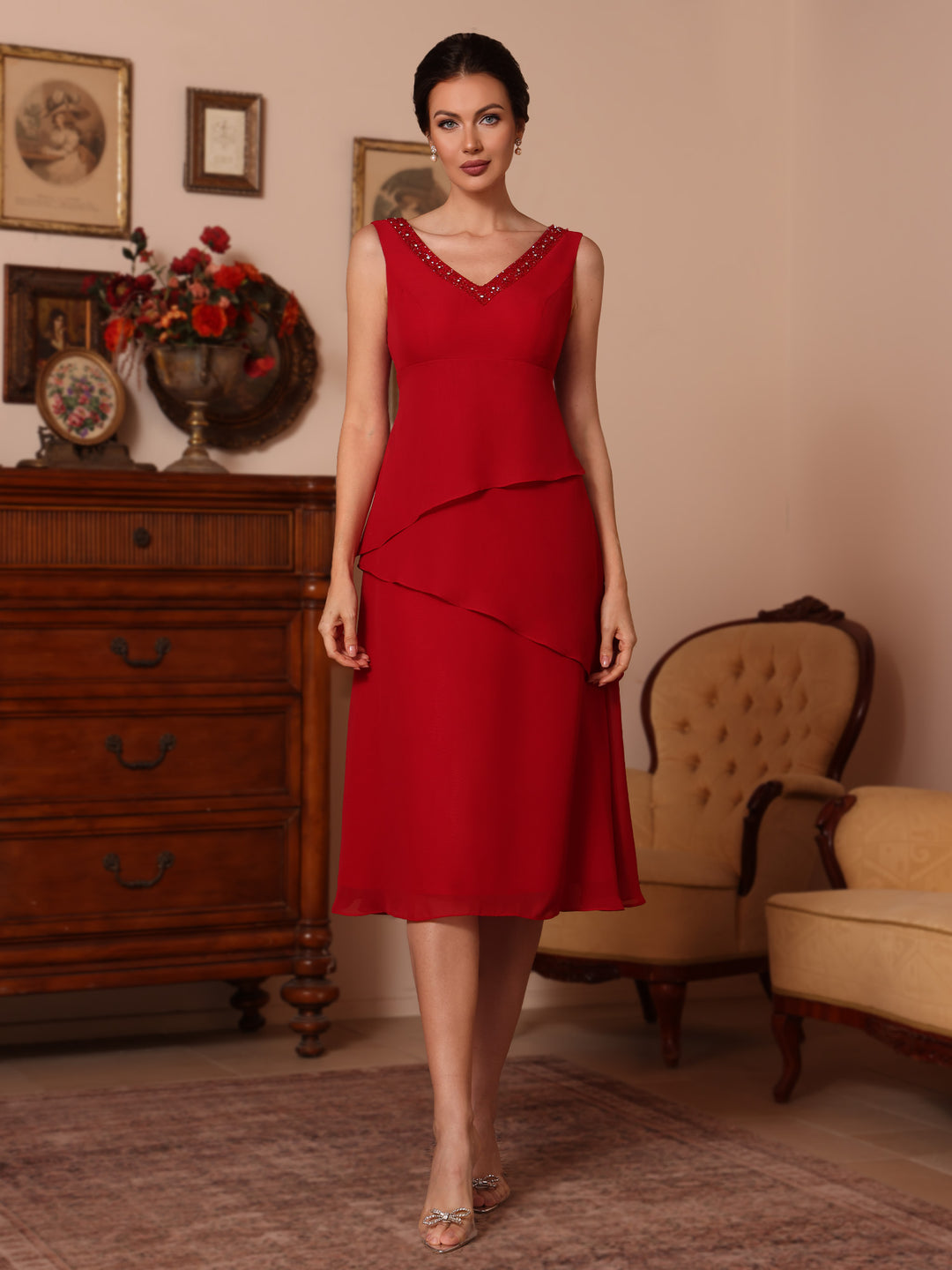 2 Pieces Sheath/Column V-Neck Chiffon Mother of the Bride Dresses with Jacket Beading Knee-Length Half Sleeves Plum 2 Pieces Sheath/Column V-Neck Chiffon Mother of the Bride Dresses with Jacket Beading Knee-Length Half Sleeves Plum