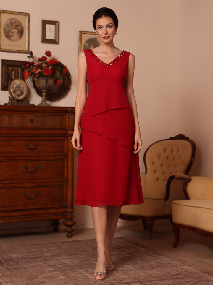 2 Pieces Sheath/Column V-Neck Chiffon Mother of the Bride Dresses with Jacket Beading Knee-Length Half Sleeves