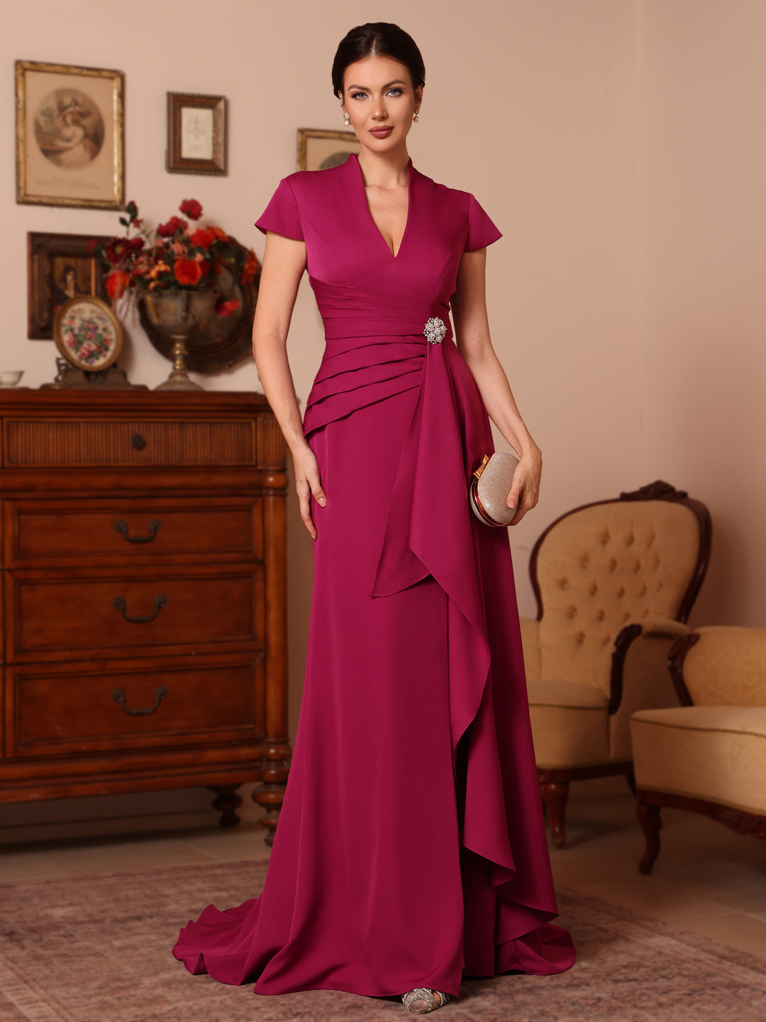 Trumpet/Mermaid V-Neck Stretch Satin Mother of the Bride Dresses Floor-Length Sweep Train Cap Sleeves Ruffles