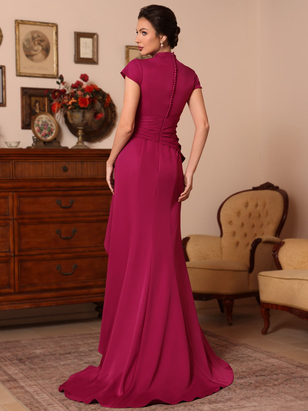 Trumpet/Mermaid V-Neck Stretch Satin Mother of the Bride Dresses Floor-Length Sweep Train Cap Sleeves Ruffles