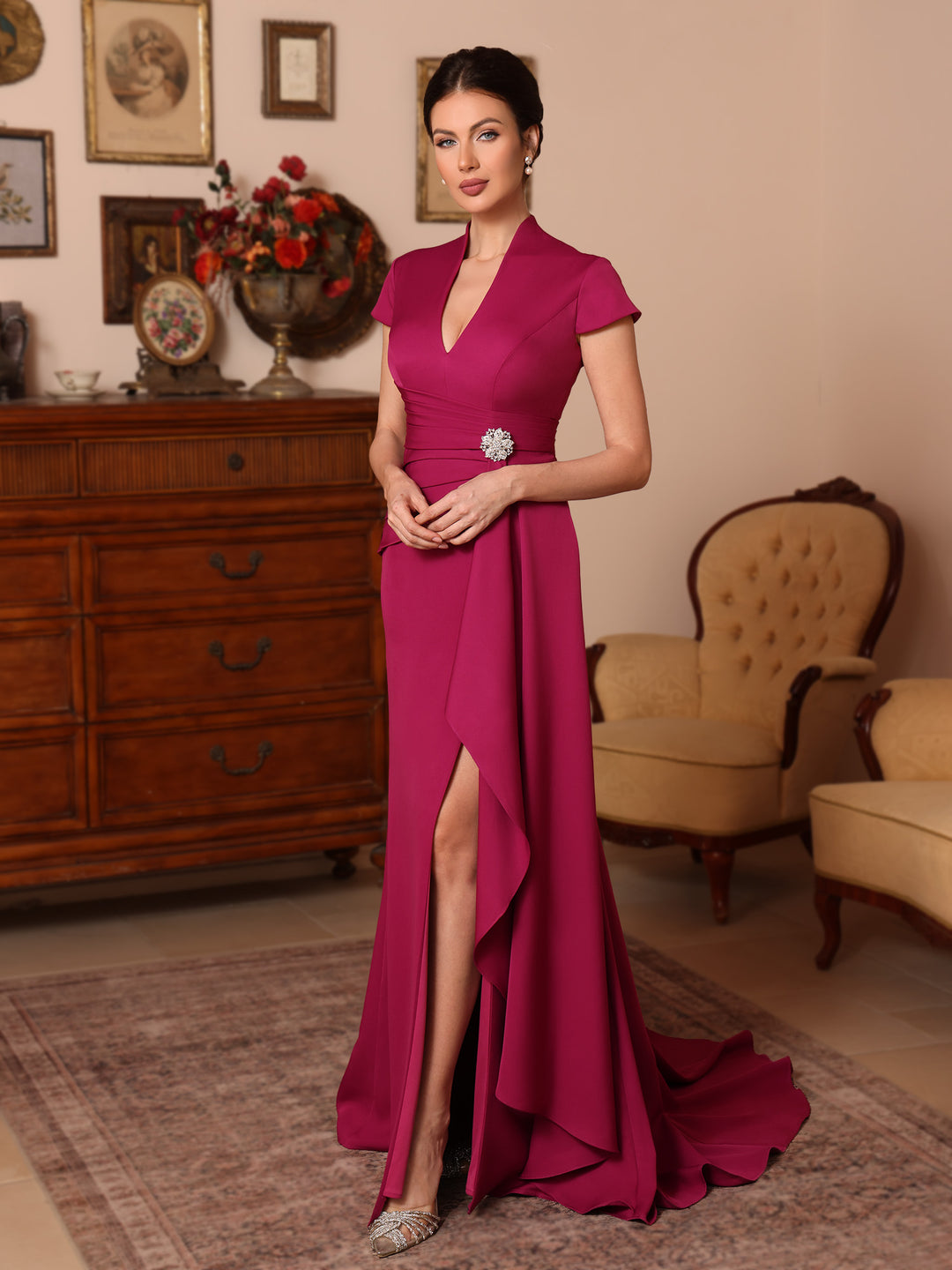 Trumpet/Mermaid V-Neck Stretch Satin Mother of the Bride Dresses Floor-Length Sweep Train Cap Sleeves Ruffles