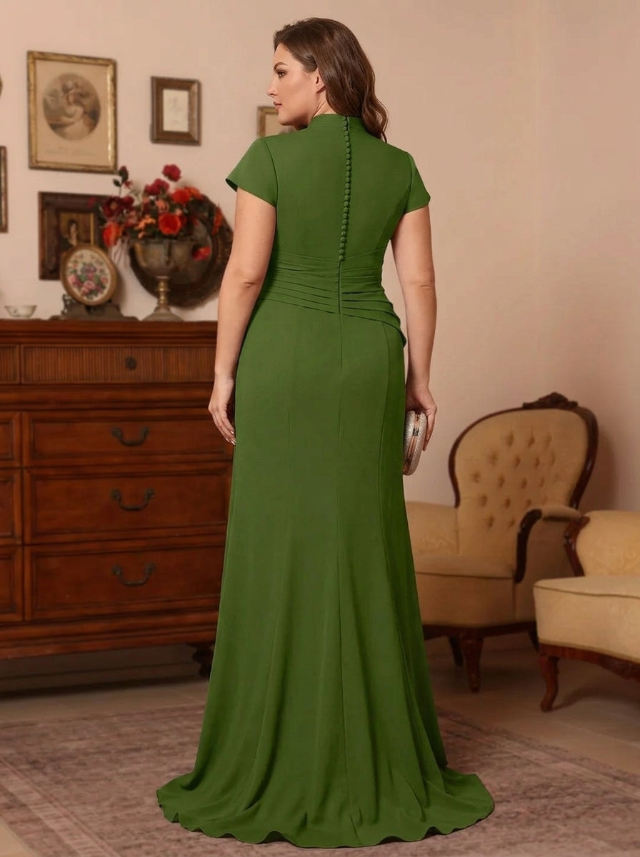 Trumpet/Mermaid V-Neck Stretch Satin Plus Size Mother of the Bride Dresses Floor-Length Sweep Train Cap Sleeves Ruffles