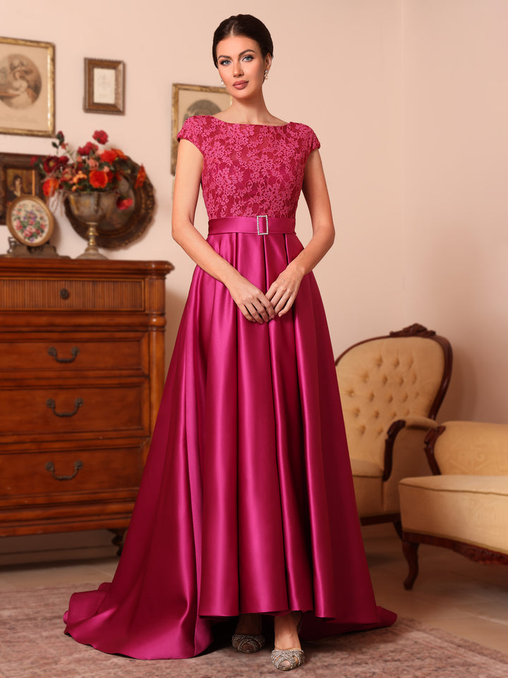 A-Line/Princess Scoop Satin Mother of the Bride Dresses Sleeveless Lace Floor-Length Belt Sweep Train