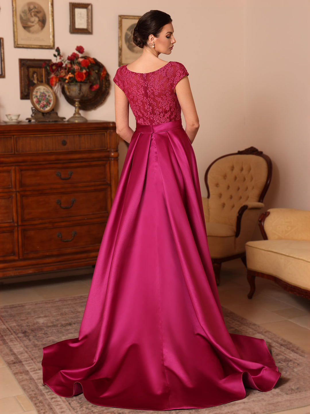 A-Line/Princess Scoop Satin Mother of the Bride Dresses Sleeveless Lace Floor-Length Belt Sweep Train