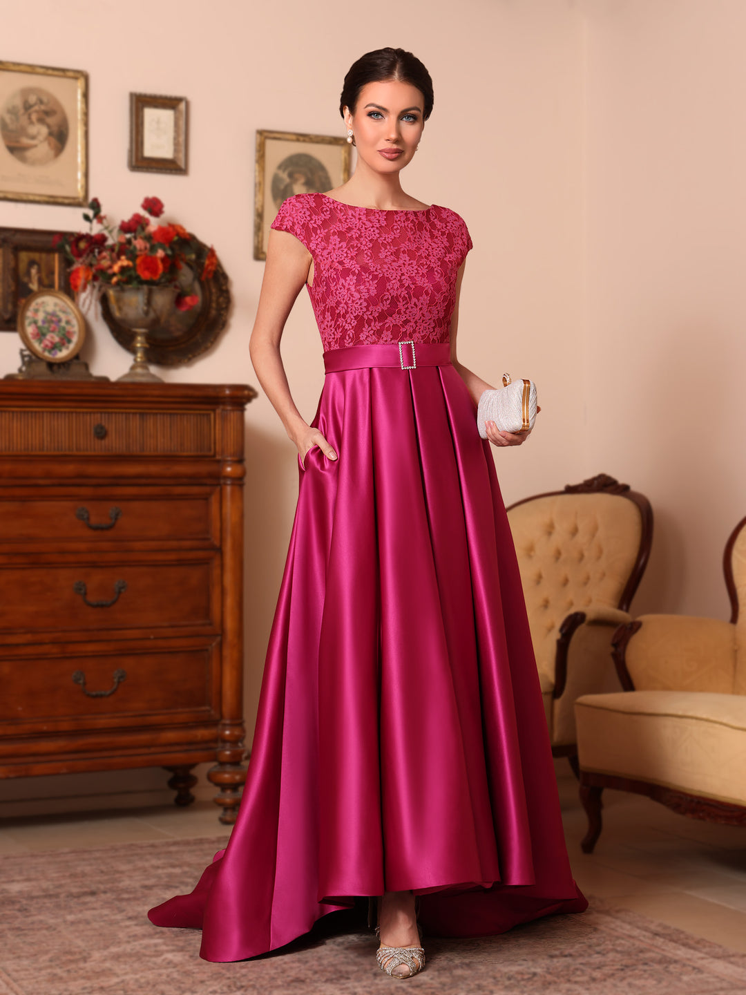A-Line/Princess Scoop Satin Mother of the Bride Dresses Sleeveless Lace Floor-Length Belt Sweep Train
