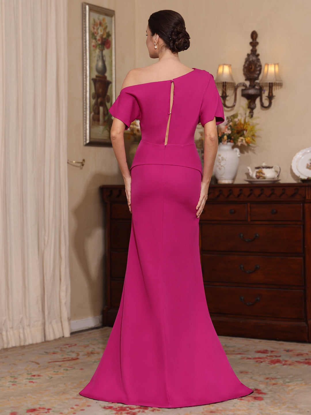 Trumpet/Mermaid One-Shoulder Stretch Satin Mother of the Bride Dresses Floor-Length Sweep Train Short Sleeves Split Side