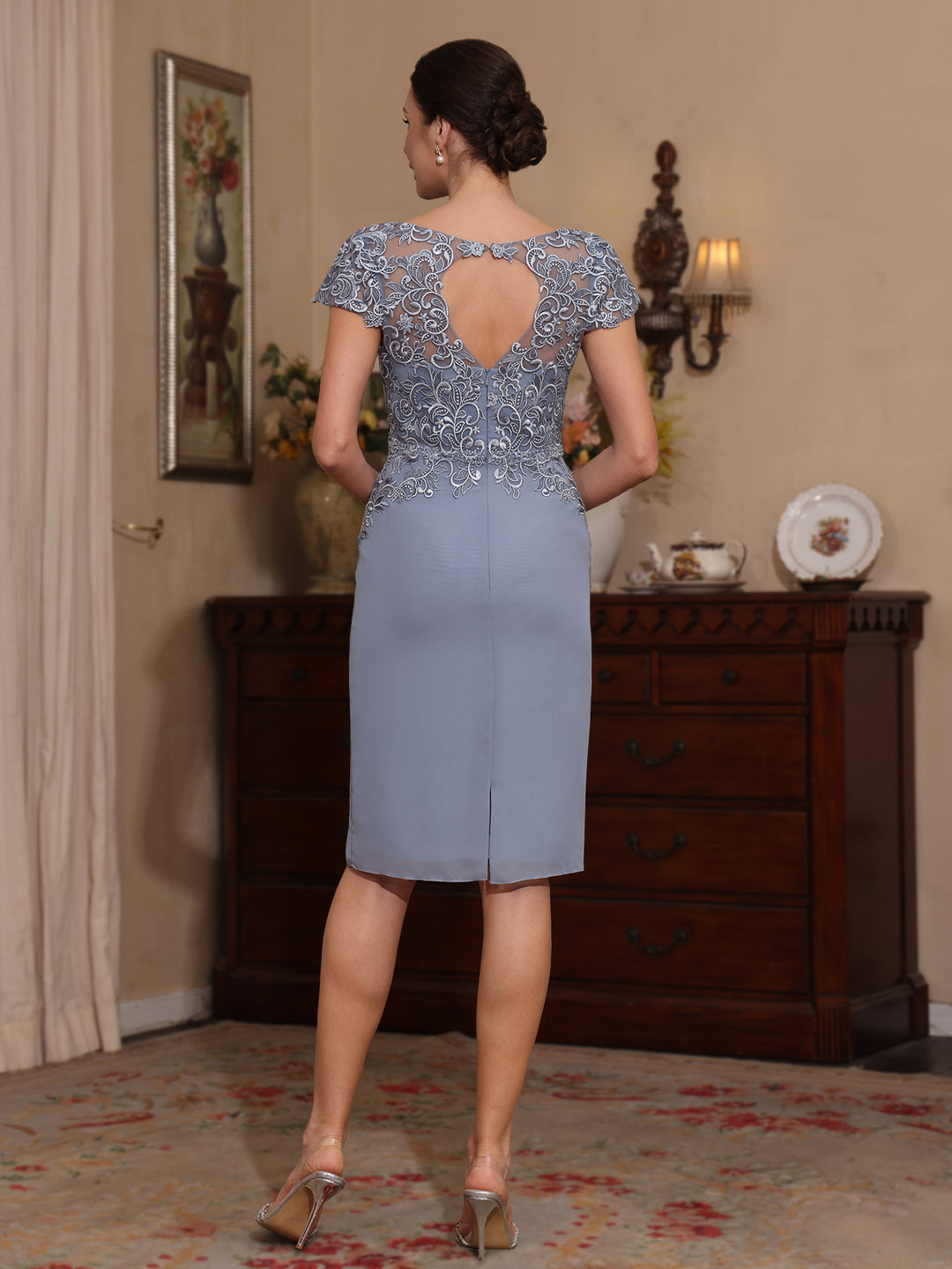 2 Pieces Sheath/Column Scoop Chiffon Mother of the Bride Dresses with Jacket Lace Knee-Length 3/4 Sleeves