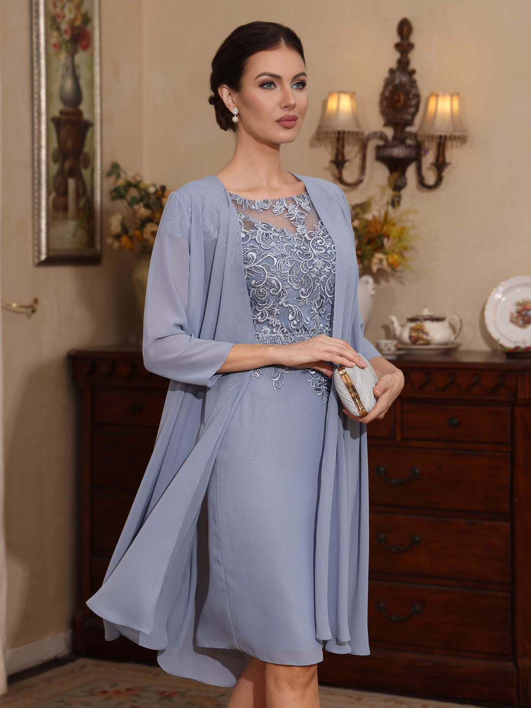 2 Pieces Sheath/Column Scoop Chiffon Mother of the Bride Dresses with Jacket Lace Knee-Length 3/4 Sleeves