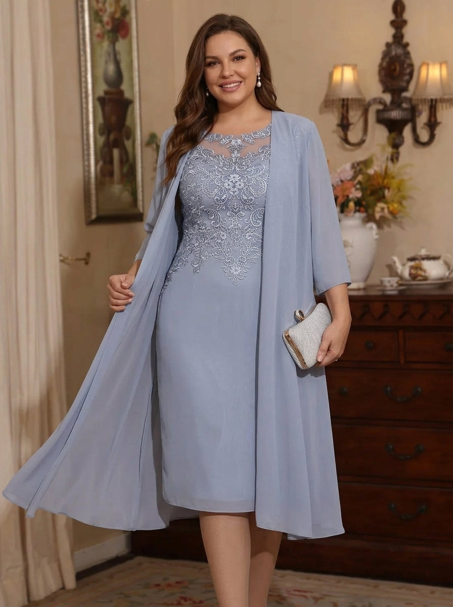 2 Pieces Sheath/Column Scoop Chiffon Plus Size Mother of the Bride Dresses with Jacket Lace Knee-Length 3/4 Sleeves, As Pic