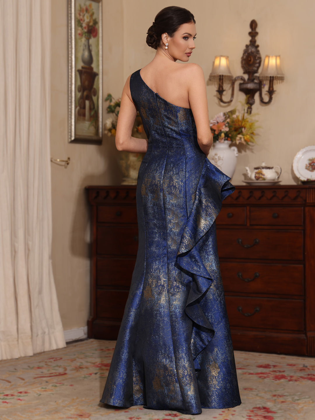 Trumpet/Mermaid One-Shoulder Printed Satin Mother of the Bride Dresses with Split Side Sleeveless Floor-Length