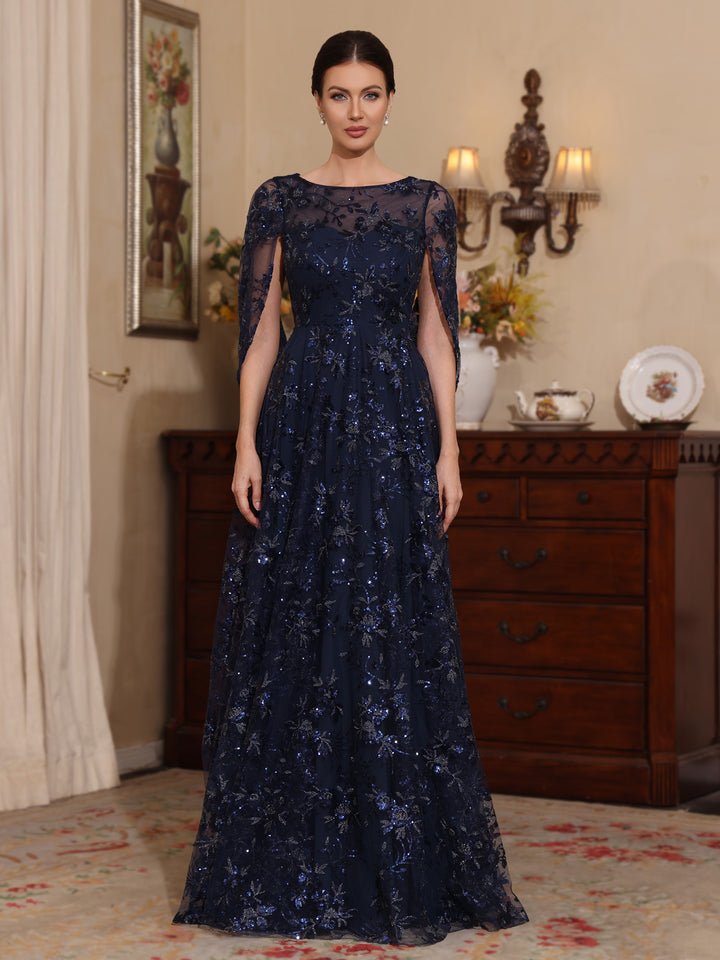 A-Line/Princess Scoop Sequins Lace Mother of the Bride Dresses Cape Sleeves Floral Floor-Length