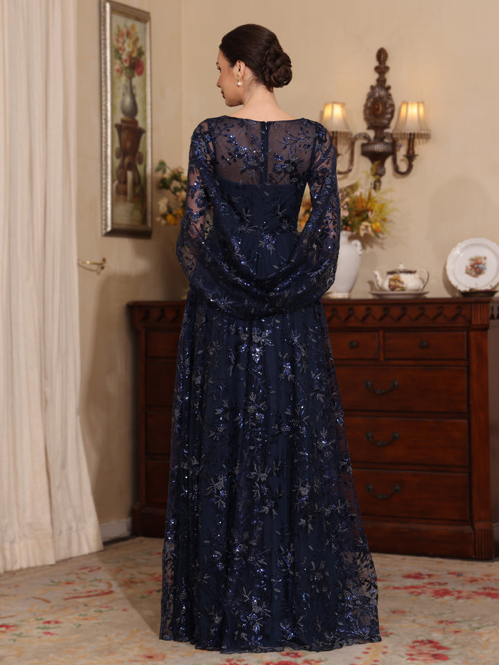 A-Line/Princess Scoop Sequins Lace Mother of the Bride Dresses Cape Sleeves Floral Floor-Length, Navy Blue A-Line/Princess Scoop Sequins Lace Mother of the Bride Dresses Cape Sleeves Floral Floor-Length, Navy Blue