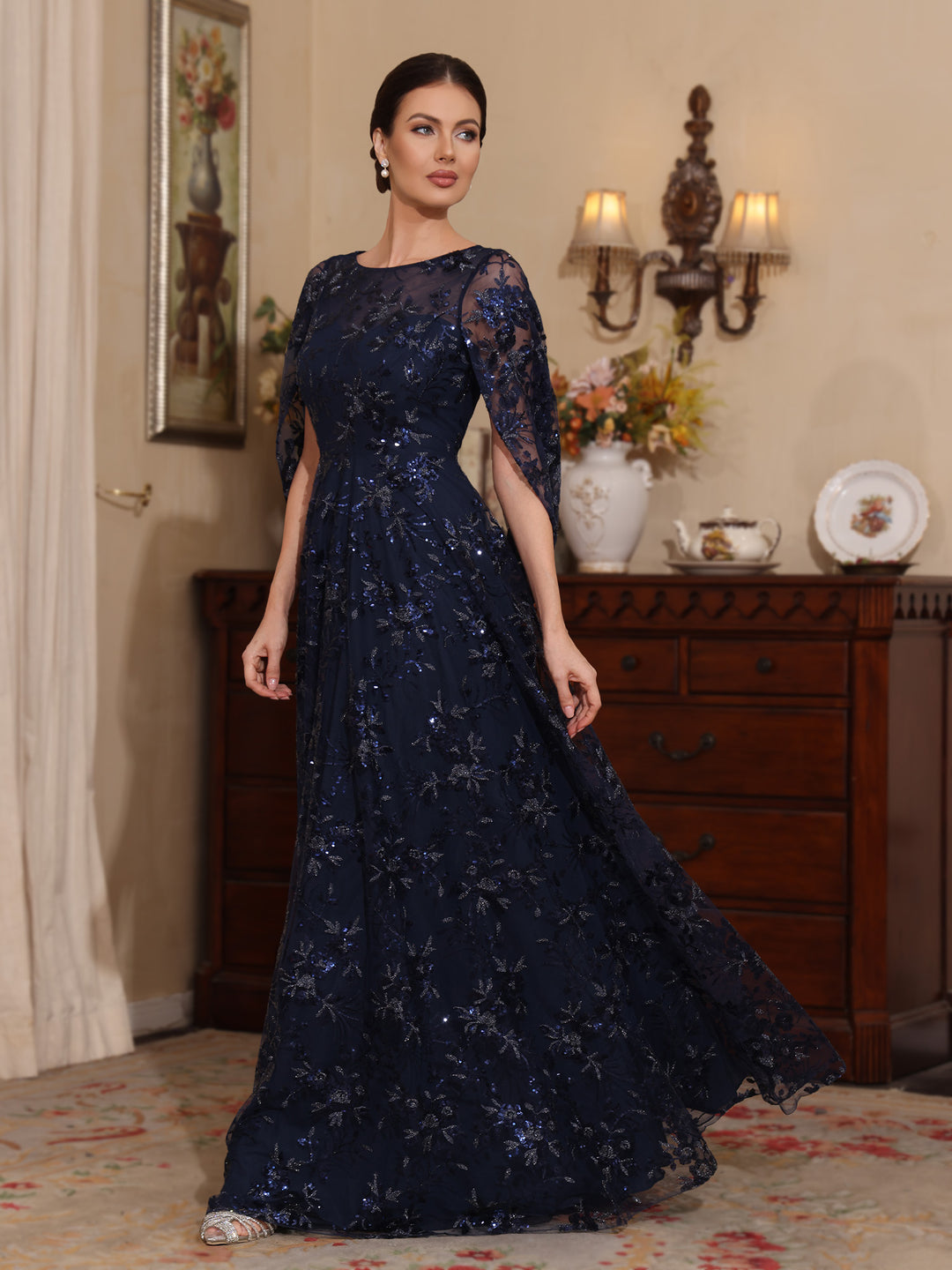 A-Line/Princess Scoop Sequins Lace Mother of the Bride Dresses Cape Sleeves Floral Floor-Length