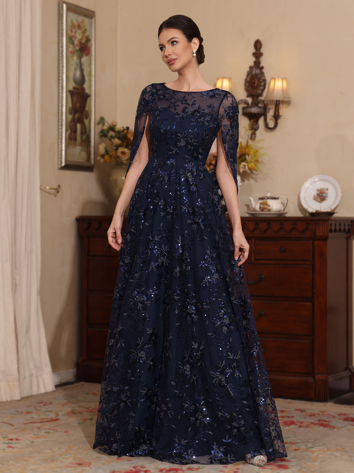 A-Line/Princess Scoop Sequins Lace Mother of the Bride Dresses Cape Sleeves Floral Floor-Length