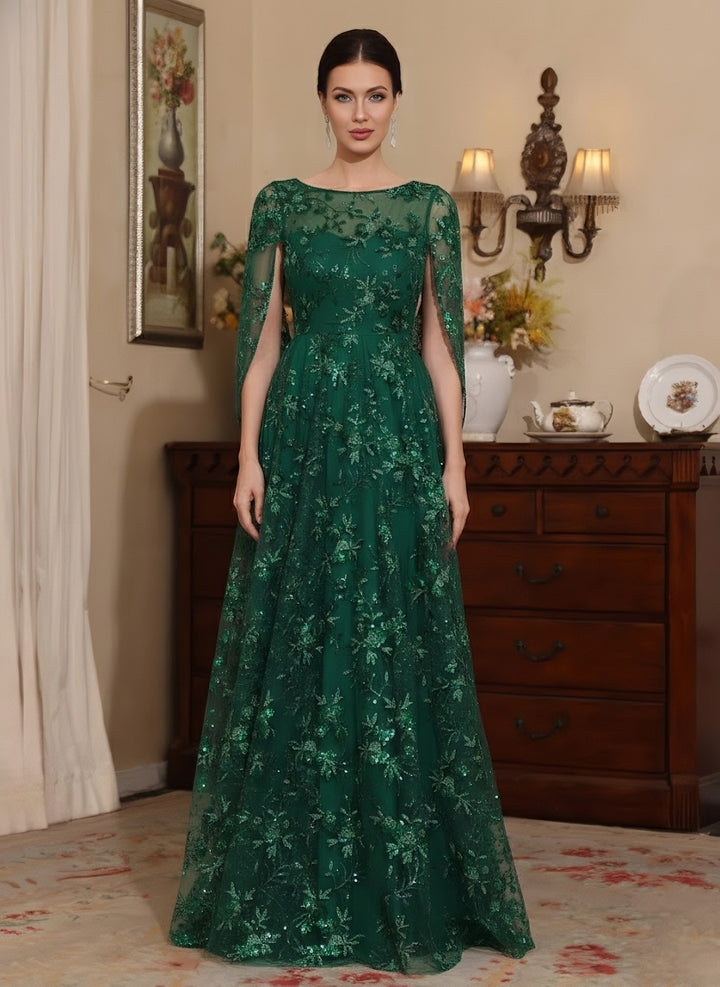 A-Line/Princess Scoop Sequins Lace Mother of the Bride Dresses Cape Sleeves Floral Floor-Length