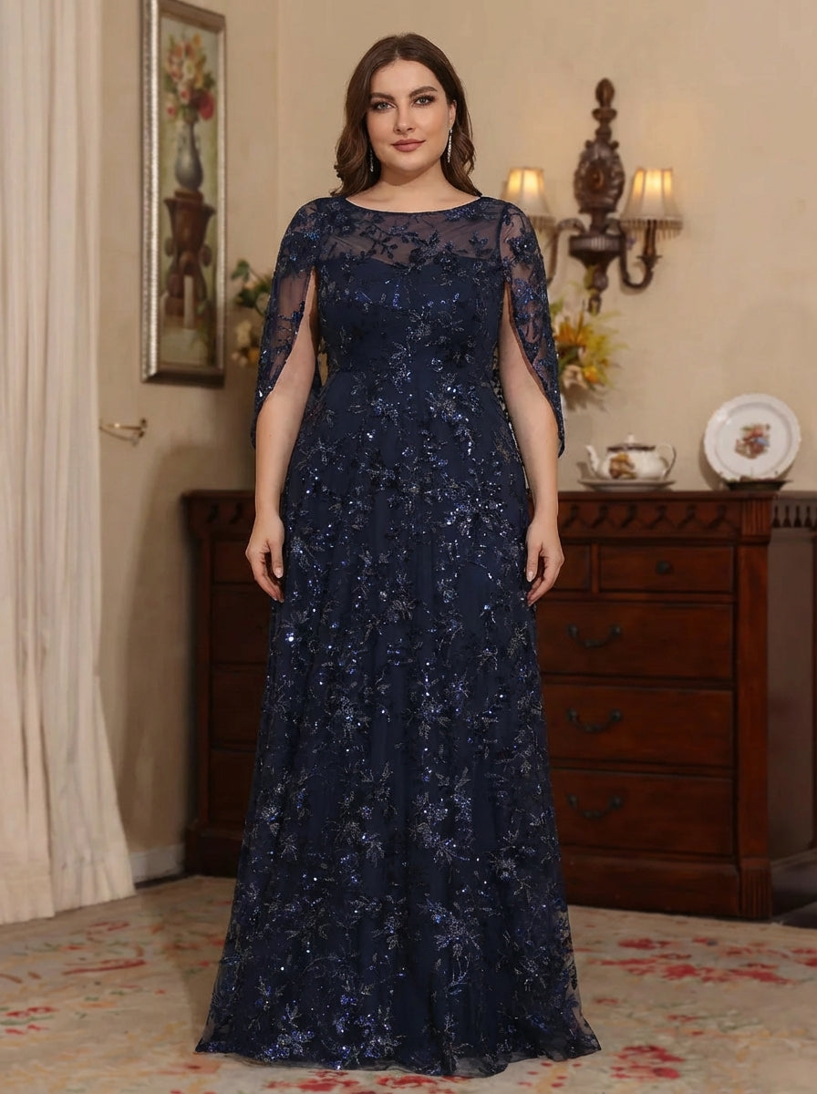 A-Line/Princess Scoop Sequins Lace Plus Size Mother of the Bride Dresses Cape Sleeves Floral Floor-Length