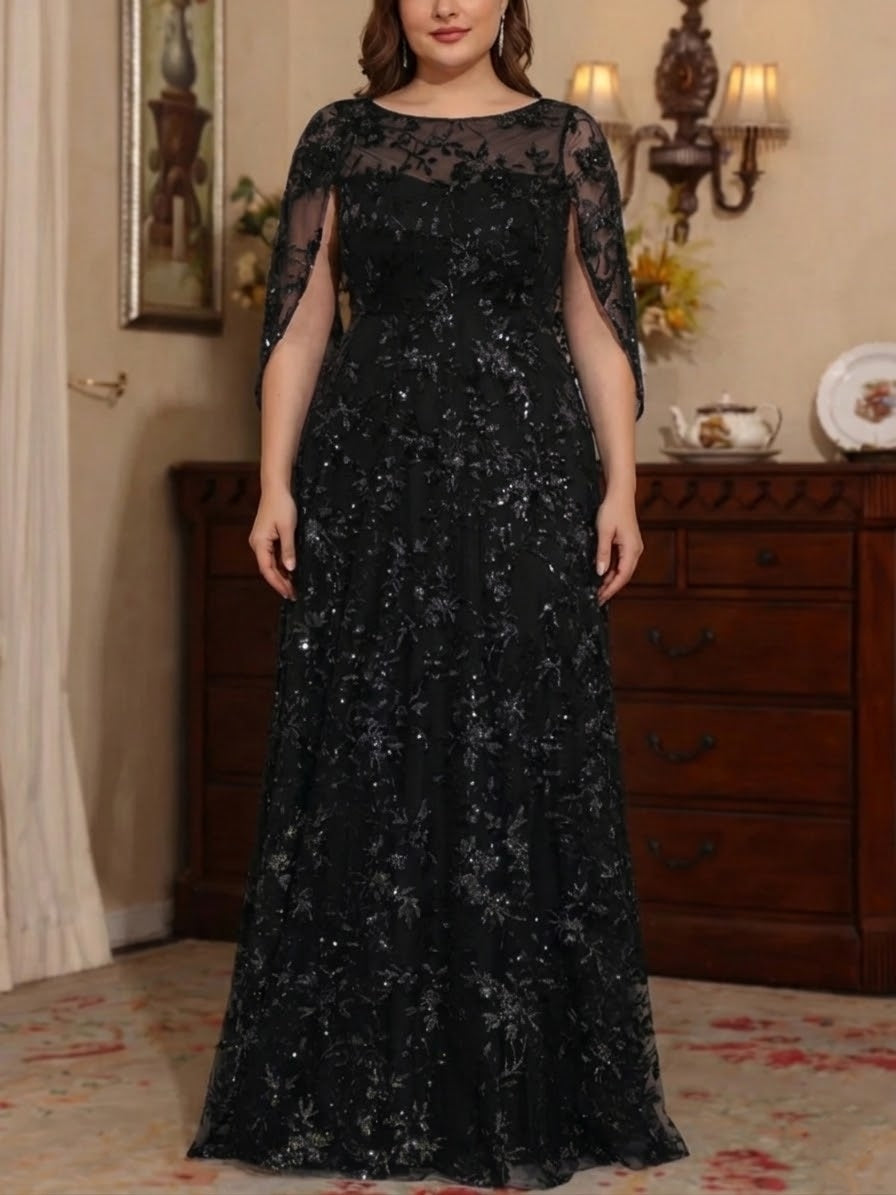 A-Line/Princess Scoop Sequins Lace Plus Size Mother of the Bride Dresses Cape Sleeves Floral Floor-Length