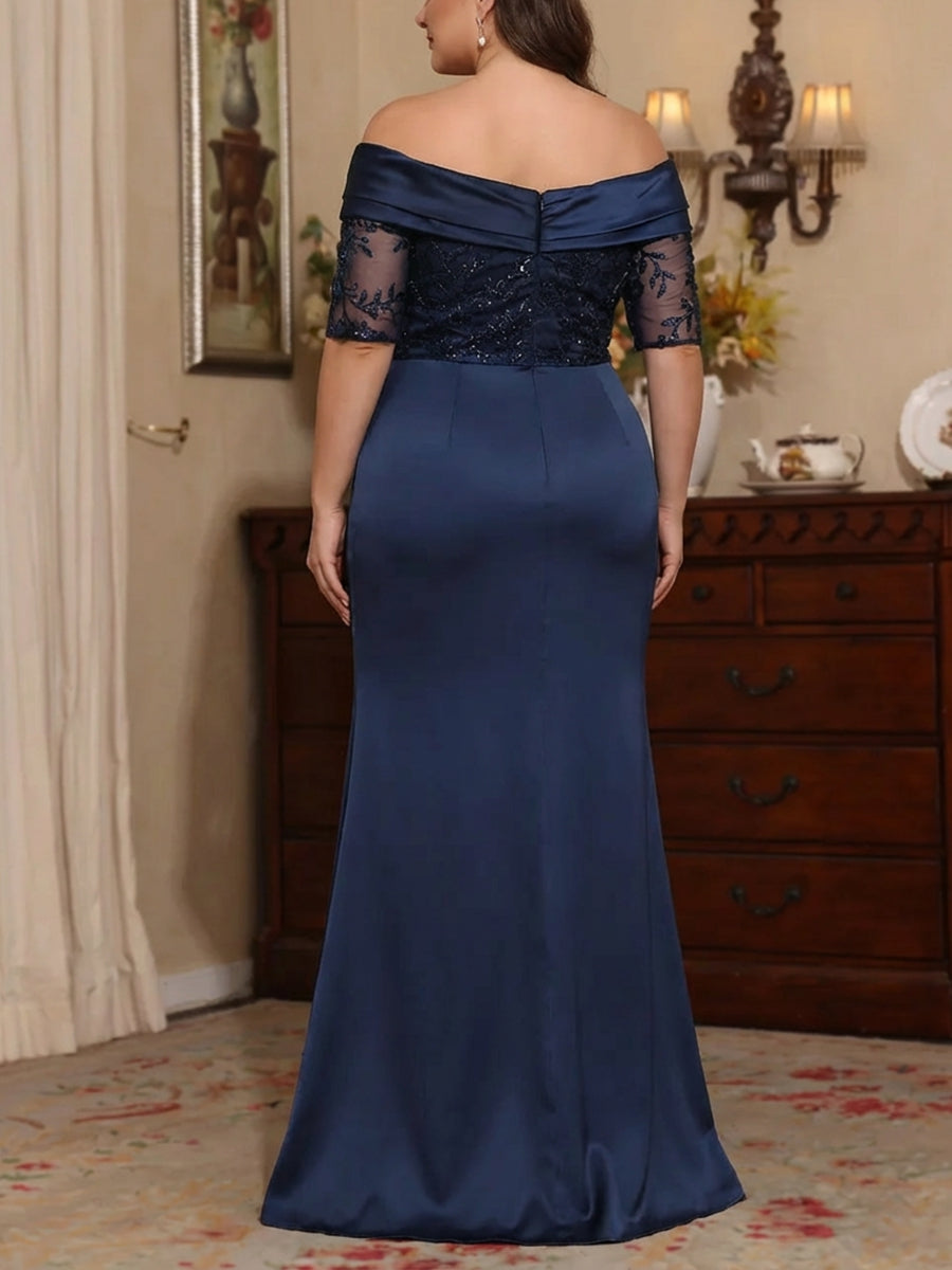 Sheath/Column Off-the-Shoulder Satin Plus Size Mother of the Bride Dresses Lace Half Sleeves Floor-Length with Split Side