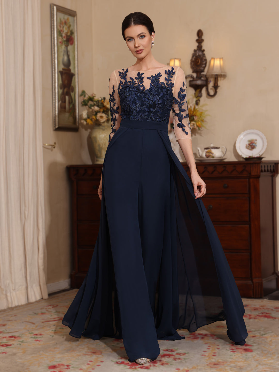 Jumpsuit Scoop Chiffon Mother of the Bride Jumpsuit with Overskirt Lace Floor-Length Half Sleeves