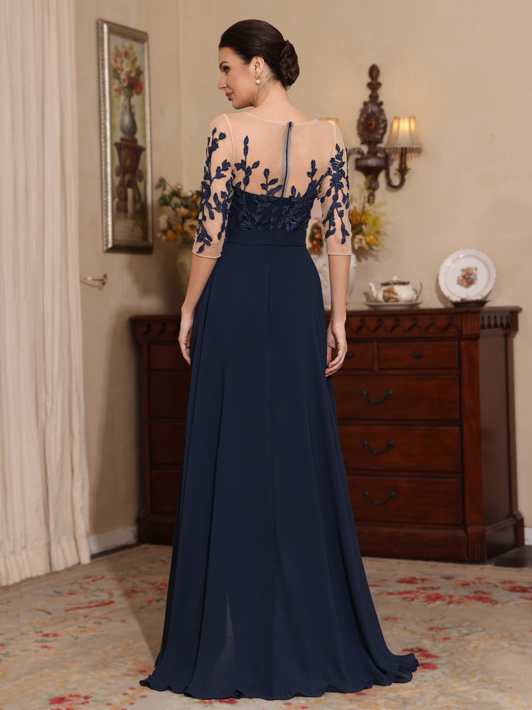 Jumpsuit Scoop Chiffon Mother of the Bride Jumpsuit with Overskirt Lace Floor-Length Half Sleeves
