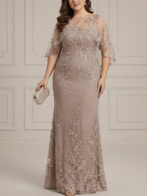 2 Pieces Sheath/Column Scoop Lace Plus Size Mother of the Bride Dresses with Wrap Beading Floral Half Sleeves Floor-Length