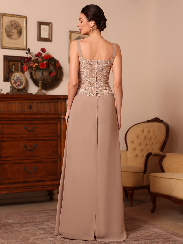 3 Pieces Square Collar Chiffon Mother of the Bride Pantsuits with Jacket Overskirt Lace Floor-Length Long Sleeves