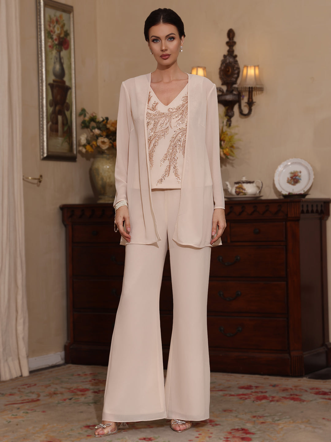 3 Pieces V-Neck Chiffon Mother of the Bride Pantsuits with Jacket Sequins Ankle-Length Long Sleeves