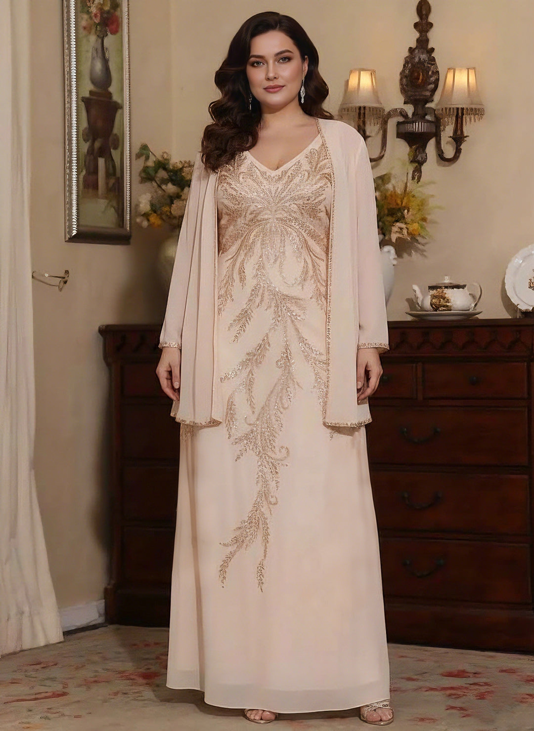 2 Pieces A-Line/Princess V-Neck Chiffon Plus Size Mother of the Bride Dresses with Jacket Sequins Ankle-Length Long Sleeves