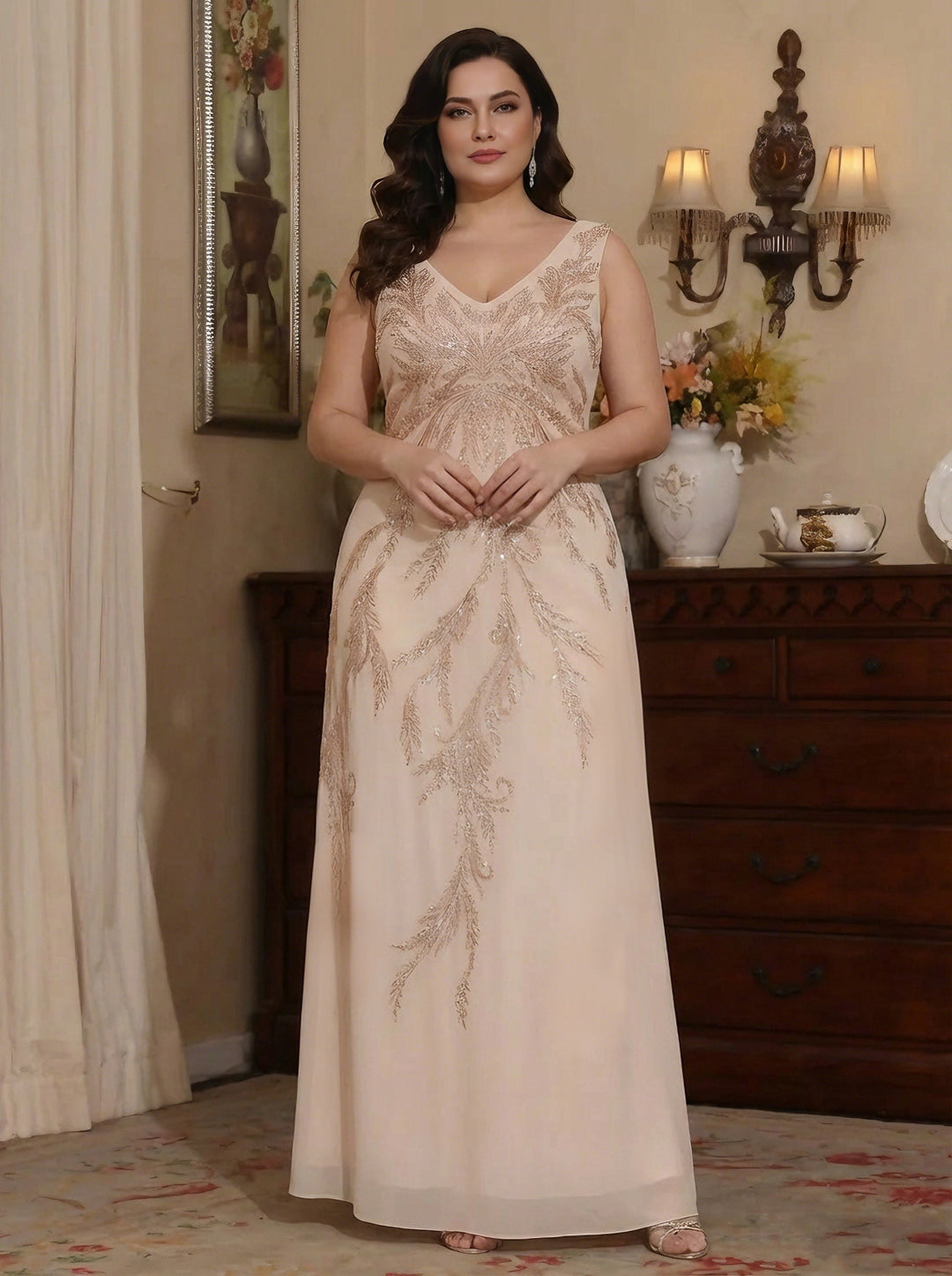 2 Pieces A-Line/Princess V-Neck Chiffon Plus Size Mother of the Bride Dresses with Jacket Sequins Ankle-Length Long Sleeves