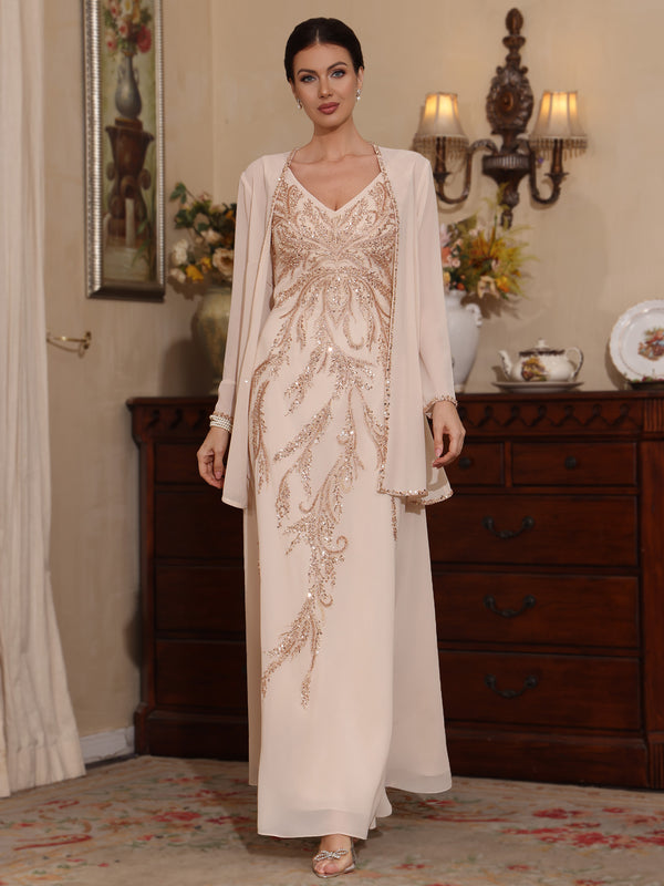 Mondressy's Champagne A-line chiffon mother of the bride dress with sequined V-neck bodice, matching long-sleeved jacket, and ankle-length princess silhouette.