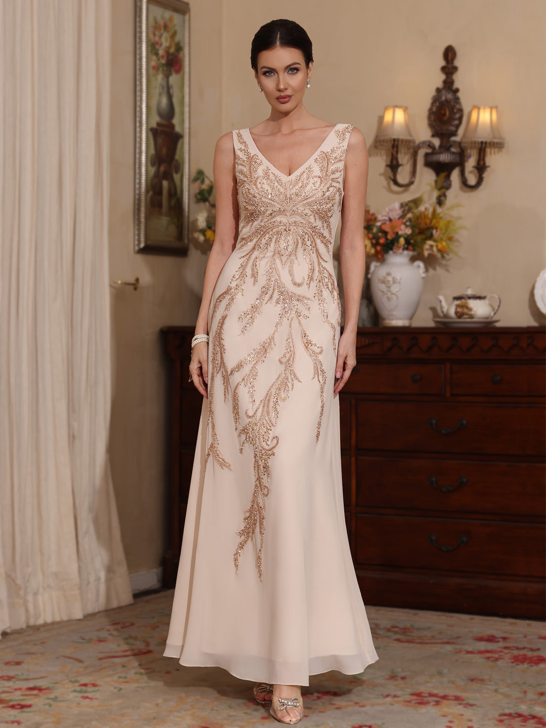 2 Pieces A-Line/Princess V-Neck Chiffon Mother of the Bride Dresses wi - Mondressy 2 Pieces A-Line/Princess V-Neck Chiffon Mother of the Bride Dresses wi - Mondressy