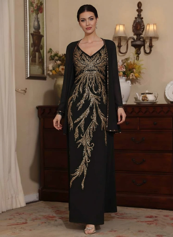 2 Pieces A-Line/Princess V-Neck Chiffon Mother of the Bride Dresses with Jacket Sequins Ankle-Length Long Sleeves