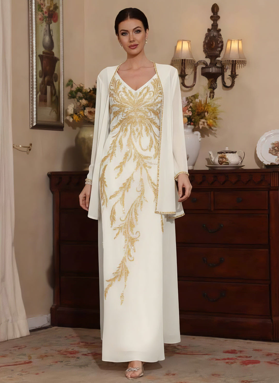 2 Pieces A-Line/Princess V-Neck Chiffon Mother of The Bride Dresses with Jacket Sequins Ankle-Length Long Sleeves, Champagne 2 Pieces A-Line/Princess V-Neck Chiffon Mother of The Bride Dresses with Jacket Sequins Ankle-Length Long Sleeves, Champagne