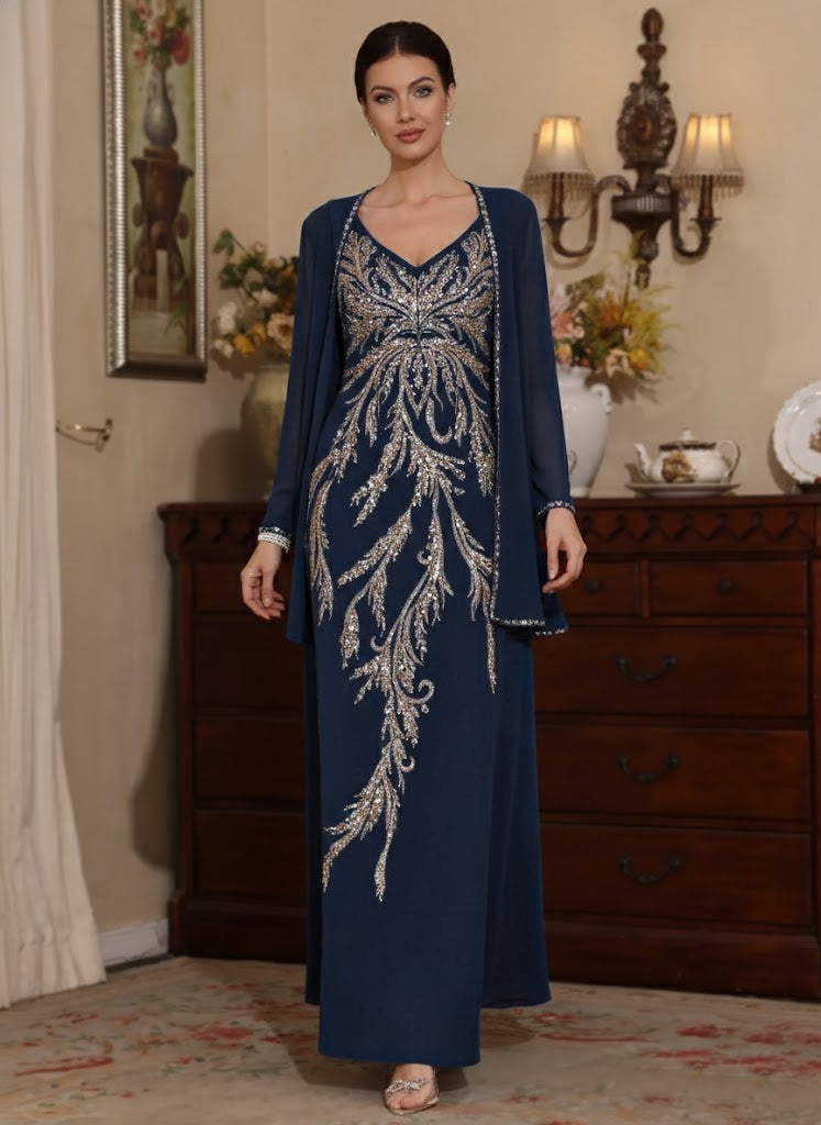 2 Pieces A-Line/Princess V-Neck Chiffon Mother of the Bride Dresses with Jacket Sequins Ankle-Length Long Sleeves, Champagne 2 Pieces A-Line/Princess V-Neck Chiffon Mother of the Bride Dresses with Jacket Sequins Ankle-Length Long Sleeves, Champagne