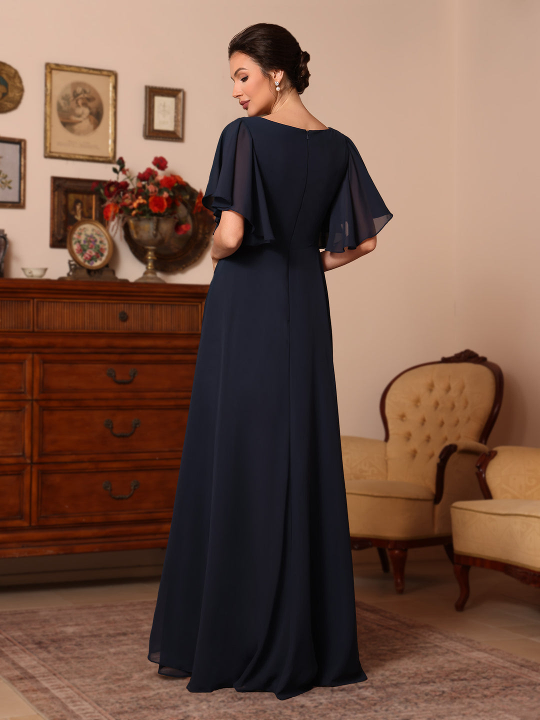 A-Line/Princess Asymmetrical Collar Chiffon Mother of the Bride Dresses Sequins Ankle-Length Short Sleeves Ruched